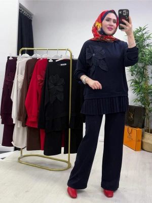 Gül Broş Detaylı Oysho Kumaş Takım Lacivert