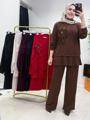 Gül Broş Detaylı Oysho Kumaş Takım Kahverengi