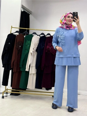 Gül Broş Detaylı Oysho Kumaş Takım Bebe Mavi