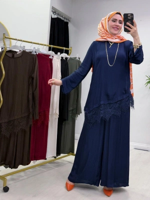 Dantel Detaylı Takım İpek Kumaş Lacivert