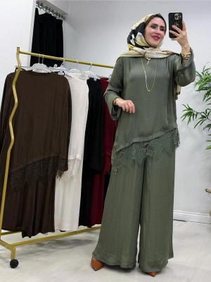 Dantel Detaylı Takım İpek Kumaş Haki