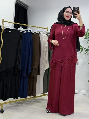 Dantel Detaylı Takım İpek Kumaş Bordo