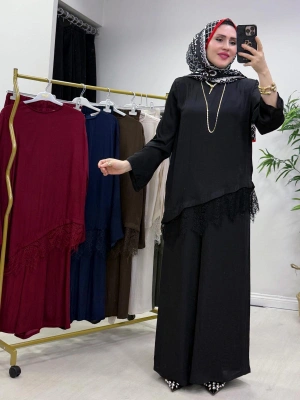 Dantel Detaylı Takım İpek Kumaş Siyah