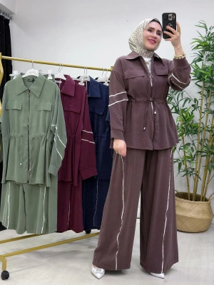 Biyeli Detaylı Qupra Kumaş Takım Kahverengi