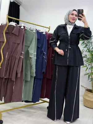 Biyeli Detaylı Qupra Kumaş Takım Siyah