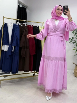 Güpür Detaylı Etekli Takım Toz Pembe