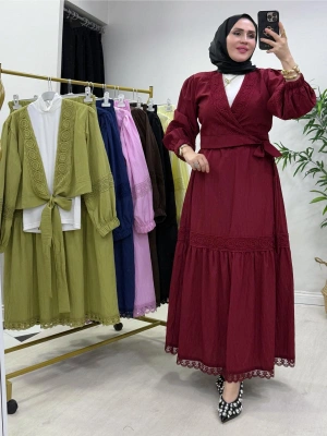 Güpür Detaylı Etekli Takım Bordo