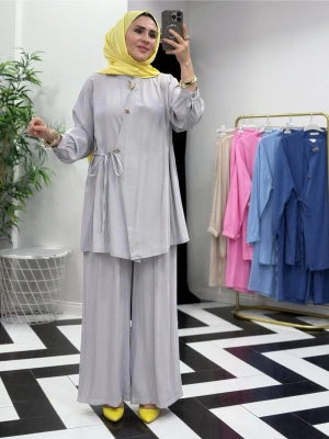 Broşlu Pamuk-Tencel Tasarım İkili Takım Gri