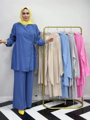 Broşlu Pamuk-Tencel Tasarım İkili Takım Mavi