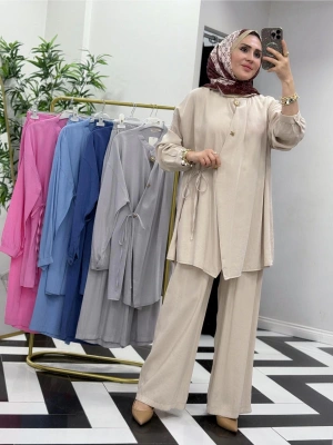 Broşlu Pamuk-Tencel Tasarım İkili Takım Bej