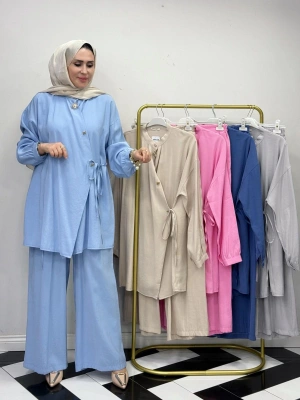 Broşlu Pamuk-Tencel Tasarım İkili Takım Bebe Mavi