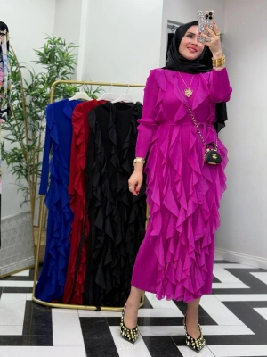 İthal Akordiyon Kumaş Elbise Fuşya