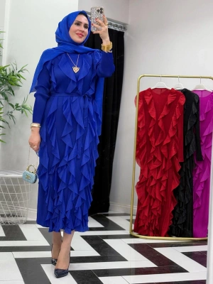 İthal Akordiyon Kumaş Elbise Saks