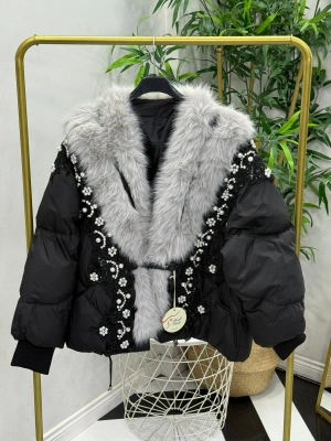 İthal Kürk Siyah İnci Detaylı