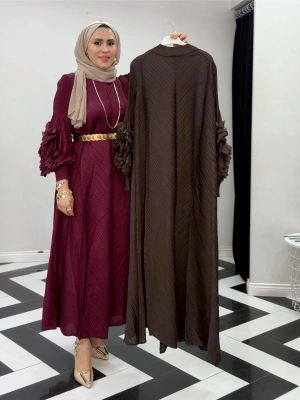 İthal Volan Detaylı Elbise Bordo