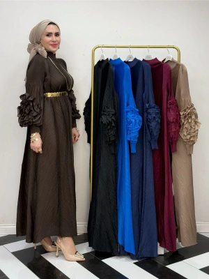 İthal Volan Detaylı Elbise Kahverengi