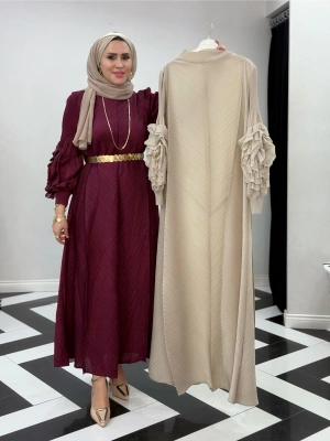 İthal Volan Detaylı Elbise Krem