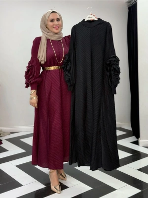 İthal Volan Detaylı Elbise Siyah