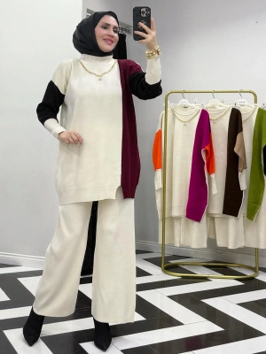 Kendinden Kolye Detaylı Triko Takım Bordo