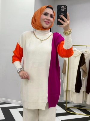 Kendinden Kolye Detaylı Triko Takım Fuşya