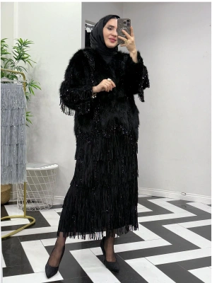 Payetli Püsküllü İthal Etek Siyah