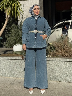 Taş Detaylı Kot Takım Açık Renk