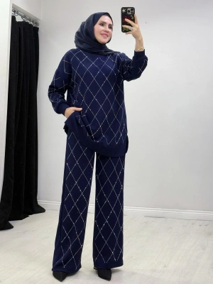 Taşlı Baklava Desen Takım Lacivert