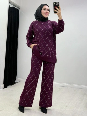 Taşlı Baklava Desen Takım Bordo