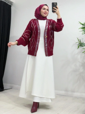 Taşlı Triko Hırka Bordo