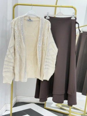 Taşlı Triko Hırka Krem