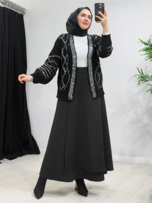 Taşlı Triko Hırka Siyah