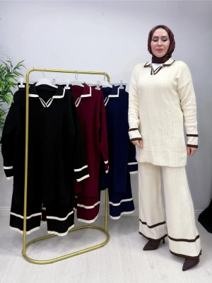Yakalı Fitilli Triko Takım Krem