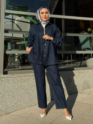 Yeni Sezon Spor Taşlı Kot Takım Koyu Renk