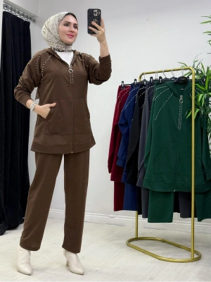 Zımba Taş Detaylı Tasarım Kahverengi Takım