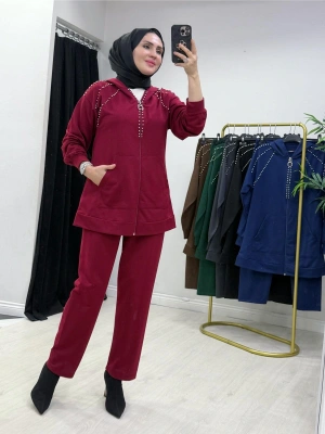 Zımba Taş Detaylı Tasarım Bordo Takım