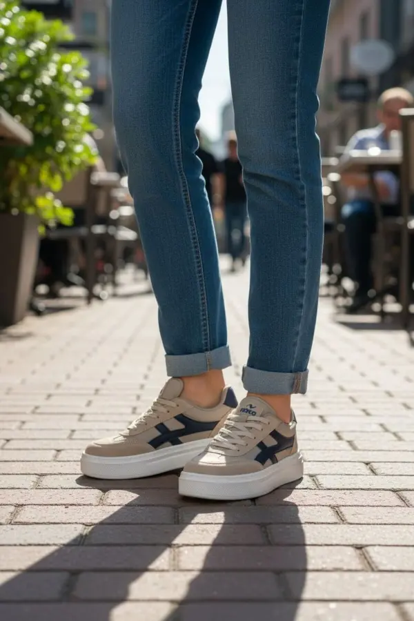 Meengi Unisex Bej Siyah Detaylı Günlük Spor Ayakkabı - Sneaker