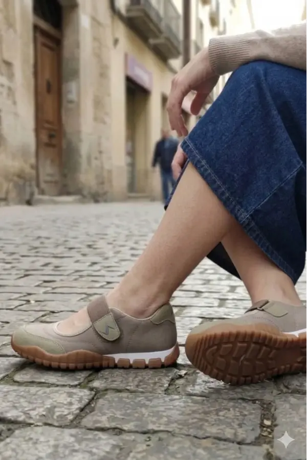 Kadın Mary Jane Tarzı Cırtlı Günlük Yürüyüş Ayakkabısı - Bej