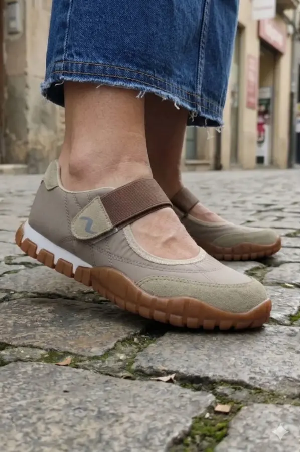 Kadın Mary Jane Tarzı Cırtlı Günlük Yürüyüş Ayakkabısı - Bej