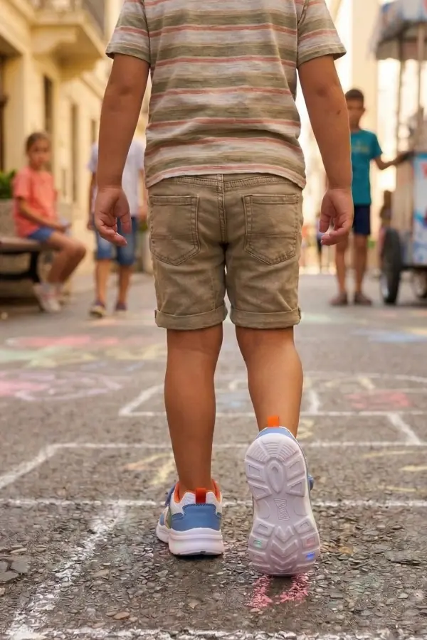 Unisex Çocuk Işıklı Spor Ayakkabı - Mavi Beyaz Dinazor Desenli Cırt Cırtlı