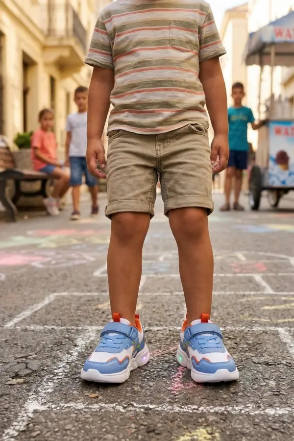 Unisex Çocuk Işıklı Spor Ayakkabı - Mavi Beyaz Dinazor Desenli Cırt Cırtlı