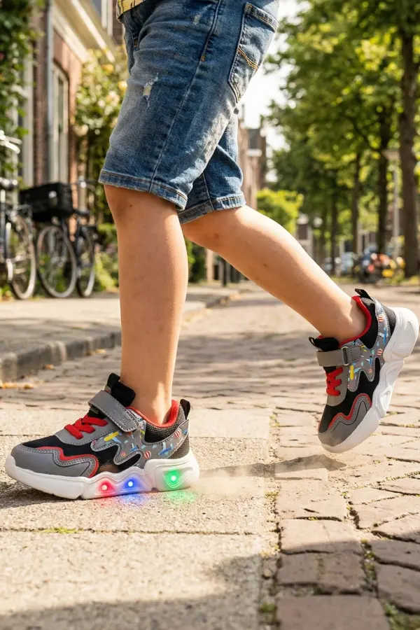 Unisex Çocuk Işıklı Spor Ayakkabı - Siyah Beyaz Dinazor Desenli Cırt Cırtlı