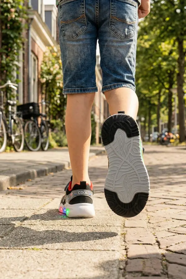 Unisex Çocuk Işıklı Spor Ayakkabı - Siyah Beyaz Dinazor Desenli Cırt Cırtlı