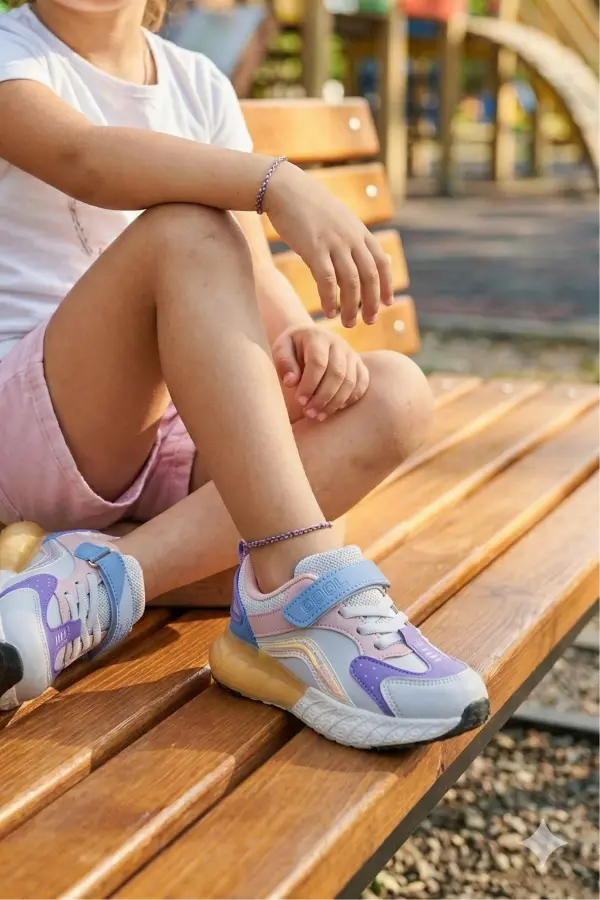 Pixel Fun Kız Çocuk Spor Ayakkabı - Beyaz Pembe Mor Detaylı, Cırt Cırtlı