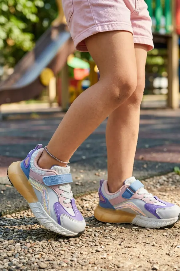 Pixel Fun Kız Çocuk Spor Ayakkabı - Beyaz Pembe Mor Detaylı, Cırt Cırtlı
