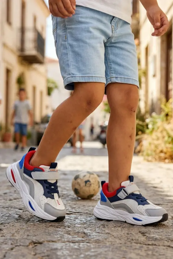Pixel Fun Unisex Çocuk Spor Ayakkabı - Lacivert Beyaz Detaylı, Cırt Cırtlı