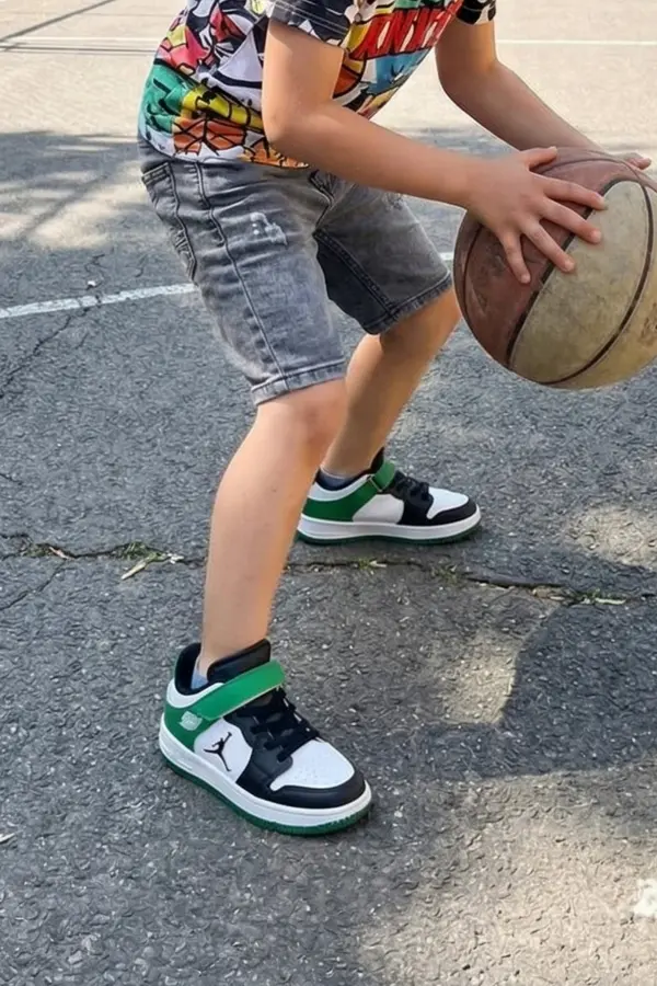 Pedira Erkek Çocuk Beyaz Yeşil Basketbol Tarzı Cırtlu Spor Ayakkabı