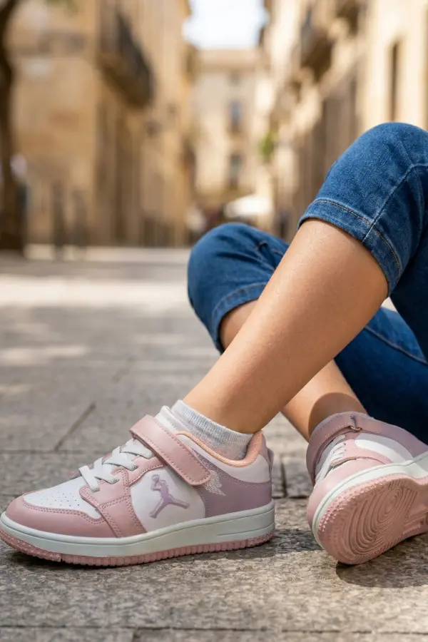 Pedira Kız Çocuk Pembe Beyaz Basketbol Tarzı Cırtlı Spor Ayakkabı