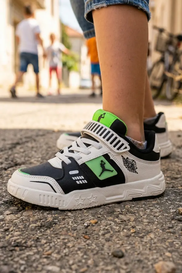 Enjoyi Erkek Çocuk Spor Ayakkabı - Siyah Beyaz Yeşil - Işıltılı Nakışlı Günlük Ayakkabı