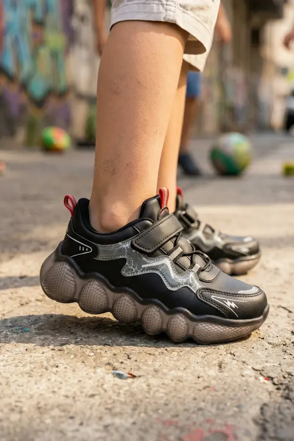 Thunder Işıklı Görünümlü Ortopedik Tabanlı Erkek Çocuk Spor Ayakkabı Siyah