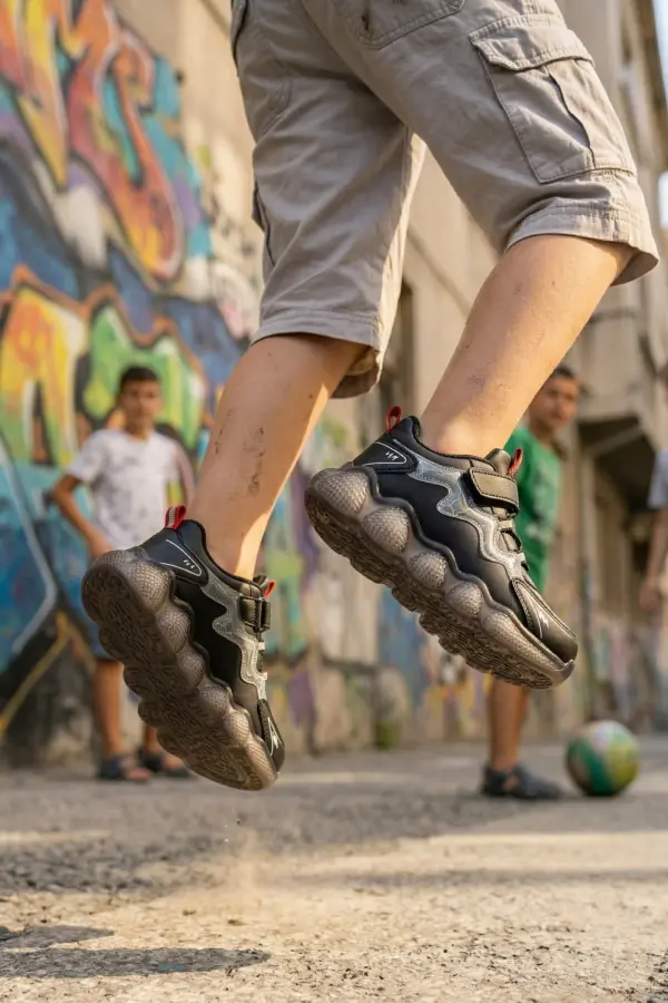 Thunder Işıklı Görünümlü Ortopedik Tabanlı Erkek Çocuk Spor Ayakkabı Siyah